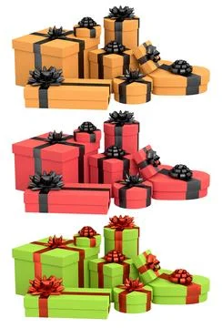 Collection of gift boxes with shiny ribbon bows, isolated on white background Stock Illustration