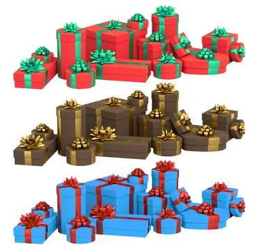 Collection of gift boxes with shiny ribbon bows, isolated on white background Stock Illustration