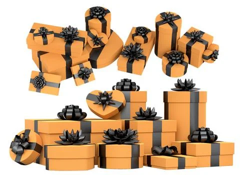 Collection of gift boxes with shiny ribbon bows, isolated on white backgrou.. Illustrazione stock