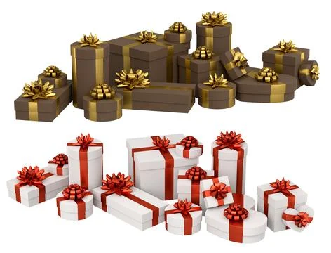 Collection of gift boxes with shiny ribbon bows, isolated on white backgrou.. Stock Illustration