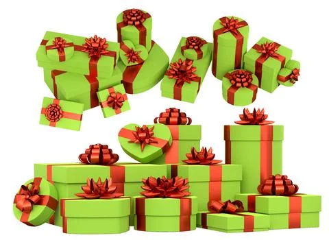 Collection of gift boxes with shiny ribbon bows, isolated on white backgrou.. Stock Illustration