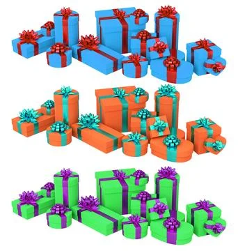 Collection of gift boxes with shiny ribbon bows, isolated on white backgrou.. Illustrazione stock
