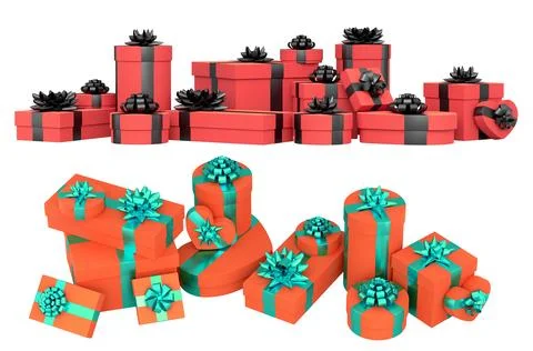 Collection of gift boxes with shiny ribbon bows, isolated on white backgrou.. イラスト素材