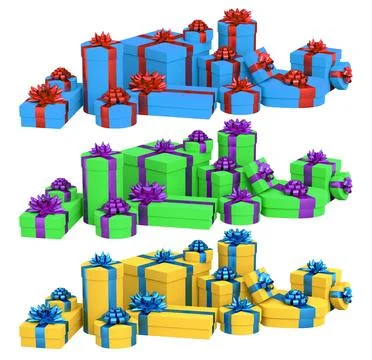 Collection of gift boxes with shiny ribbon bows, isolated on white backgrou.. イラスト素材