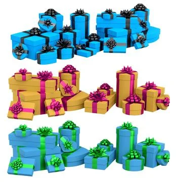 Collection of gift boxes with shiny ribbon bows, isolated on white backgrou.. 스톡 일러스트