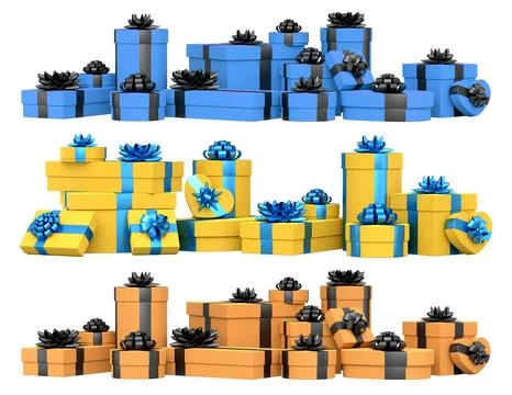 Collection of gift boxes with shiny ribbon bows, isolated on white backgrou.. Stock Illustration