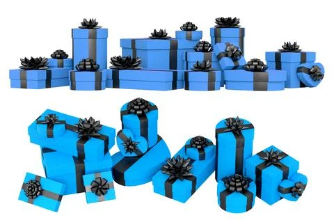 Collection of gift boxes with shiny ribbon bows, isolated on white backgrou.. Stock Illustration