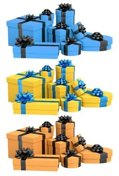 Collection of gift boxes with shiny ribbon bows, isolated on white backgrou.. Stock Illustration