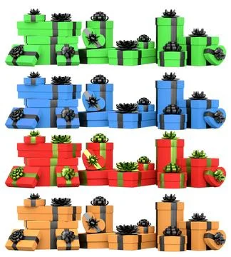 Collection of gift boxes with shiny ribbon bows, isolated on white backgrou.. Stock Illustration