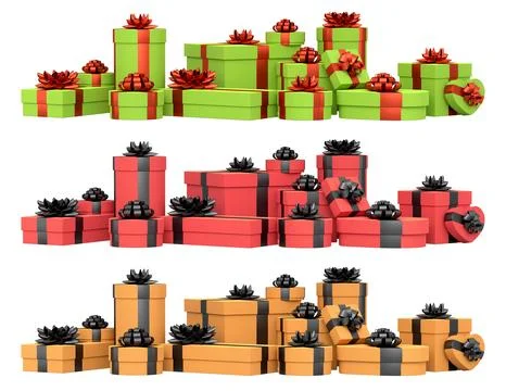 Collection of gift boxes with shiny ribbon bows, isolated on white backgrou.. Stock Illustration