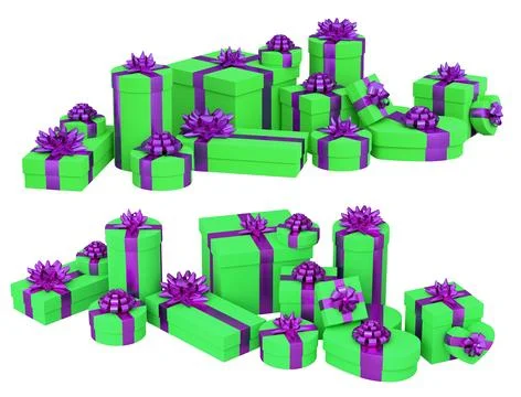 Collection of gift boxes with shiny ribbon bows, isolated on white backgrou.. Stock Illustration