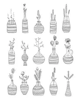 Collection of glass bottles with flowers. Hand draw style. Stock Illustration