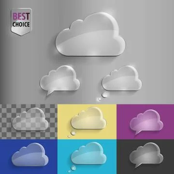 Collection of glass speech bubble cloud icons with soft shadow on gradient Stock Illustration