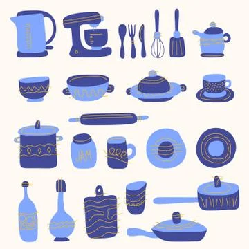 Collection of glassware, kitchenware and cookware. Set of kitchen utensils fo Stock Illustration