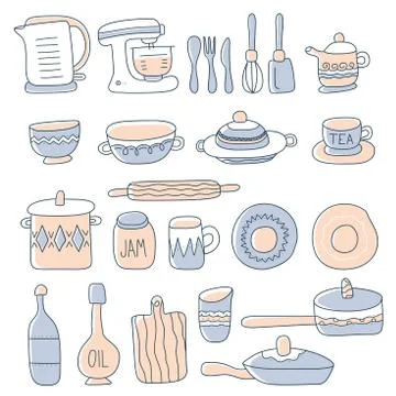 Collection of glassware, kitchenware and cookware. Set of kitchen utensils fo Stock Illustration
