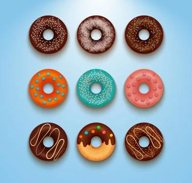 Collection of glazed colored donuts vector with icing sprinkles. Stock Illustration