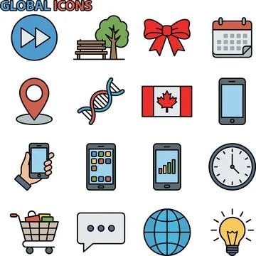 Collection of Global Icons Representing Technology, Business, and Lifestyle. Illustration