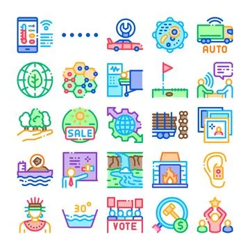 Collection of global technology, nature, and industry icons Stock Illustration