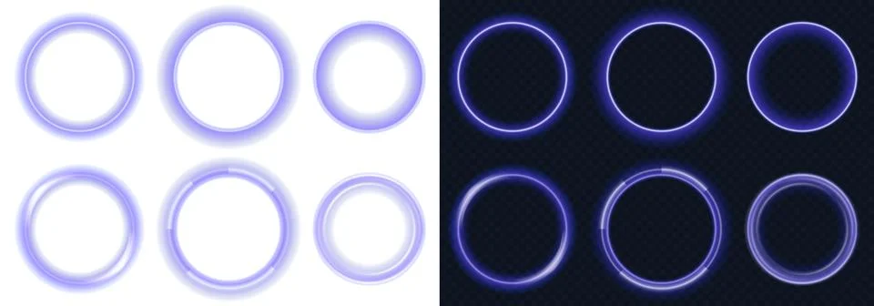 Collection of glowing neon circular frames with soft luminous effects on tran Stock Illustration