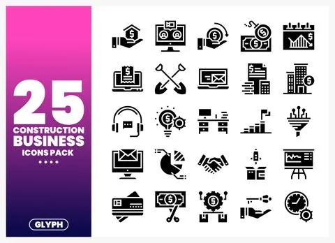 Collection of glyph icons representing construction and business concepts. .. Stock Illustration