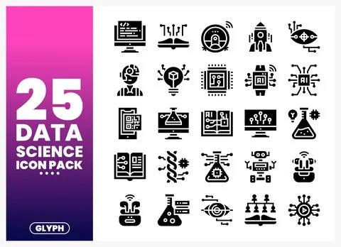 A collection of glyph icons representing data science concepts. Ilustración de archivo