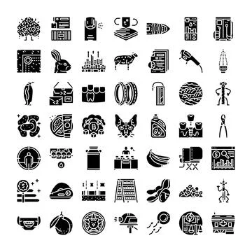 Collection of glyph icons representing various industries and concepts Stock Illustration