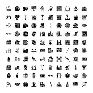 Collection of glyphs creating a diverse icon set Stock Illustration