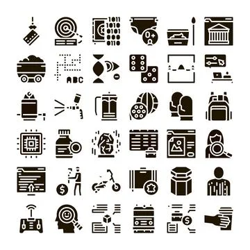 Collection of glyphs representing data, technology, and lifestyle concepts Stock Illustration