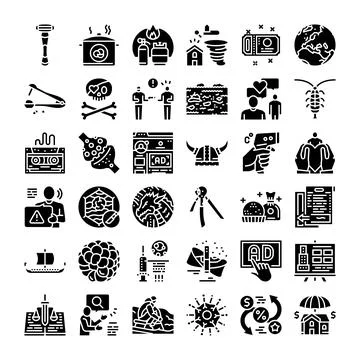 Collection of glyphs with various object and concept icons Stock Illustration