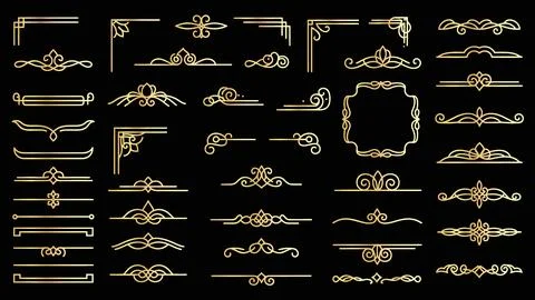 Collection of golden decorative elements and frames for design. 库存插图