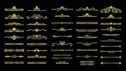 Collection of golden decorative elements on black background vintage divide.. Illustrazione stock