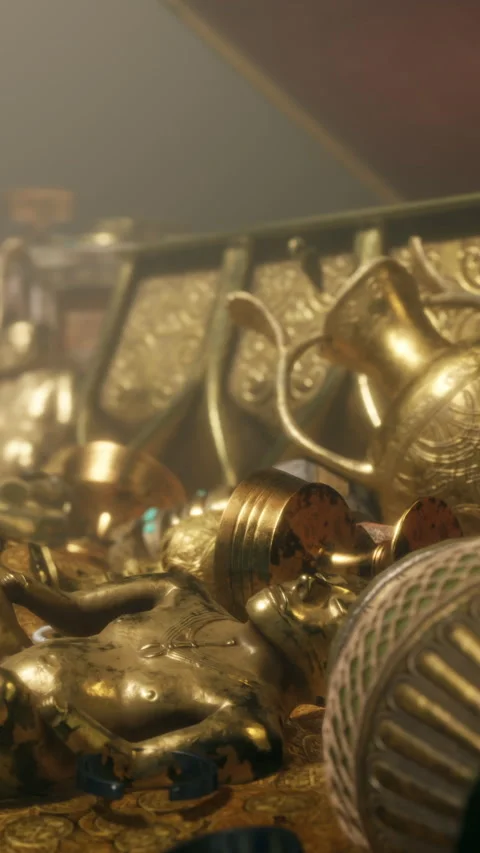 Collection of golden objects displayed in a darkened room with soft light Stock Footage 337952514