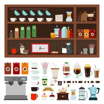 Collection of goods for a coffee shop vector illustration in a flat design. Stock-Illustration