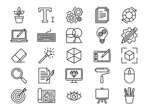 Collection of graphic design and creative process icons, including laptop, .. Stock Illustration