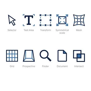 Collection of graphic design and vector editing icons including selector, t.. Stock Illustration