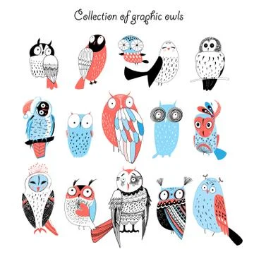 Collection of graphic owls Stock Illustration