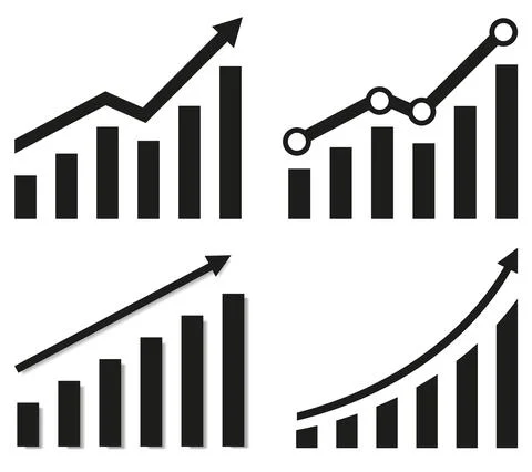 Collection of graphs with increase report. Diagram with rise and gain progres Stock Illustration