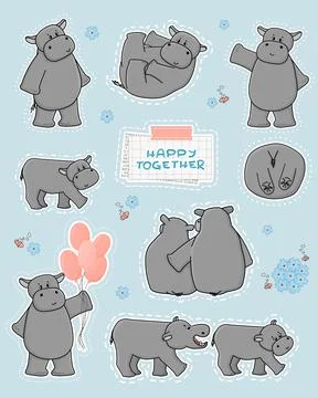 Collection of gray hippos in different poses, with balloons, flowers and bees Stock Illustration
