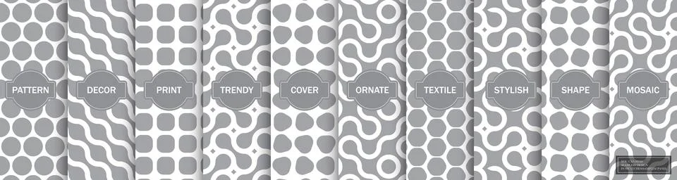 Collection of gray seamless geometric patterns. Monochrome stylish decorative Stock Illustration