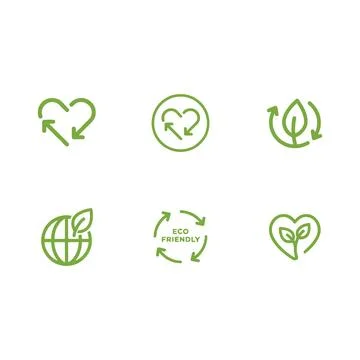 Collection of green eco-friendly featuring leaves, hearts, and recycling ar.. Stock Illustration