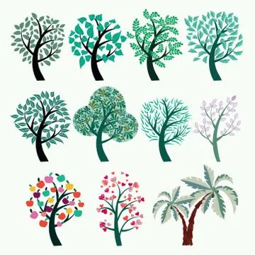 Collection of green trees vector. Set of abstract stylized trees. Stock Illustration