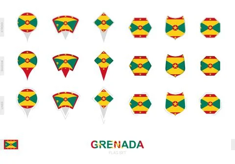 Collection of the Grenada flag in different shapes and with three different.. Stock Illustration