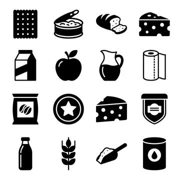 Collection of grocery icons including cracker, canned food, bread, cheese, .. Stock Illustration