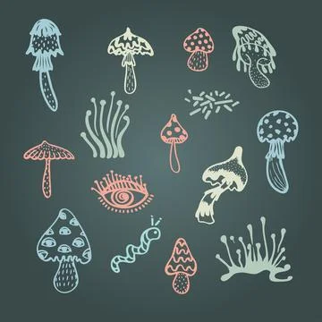 Collection of groove mushroom psychedelic elements. Retro Stock Illustration