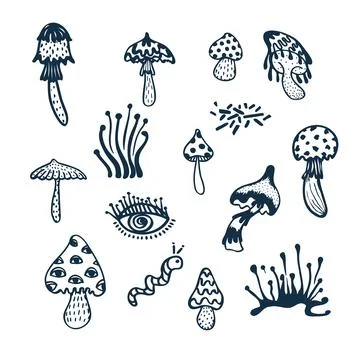 Collection of groove mushroom psychedelic elements. Retro Stock Illustration