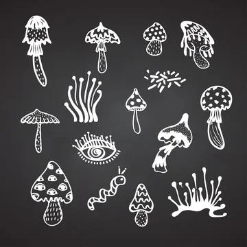 Collection of groove mushroom psychedelic elements. Retro Stock Illustration