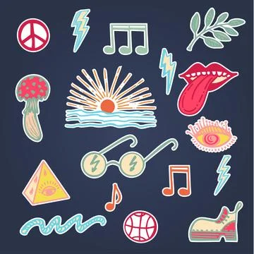Collection of groove psychedelic elements. Retro design of Stock Illustration