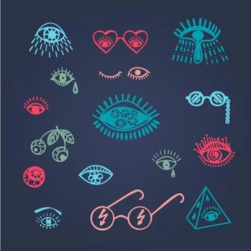 Collection of groove psychedelic eye elements. Retro design 스톡 일러스트