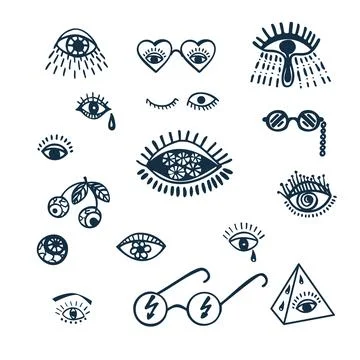 Collection of groove psychedelic eye elements. Retro design Stock Illustration