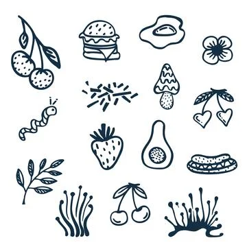 Collection of groove psychedelic food elements. Retro design Stock Illustration